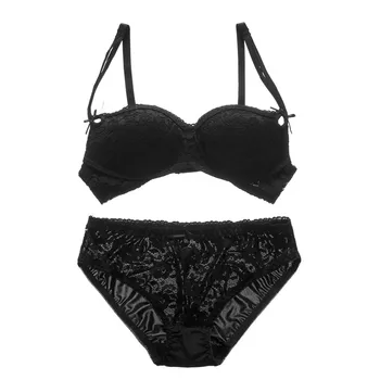 

Women Sexy Lingerie Lace Half cup Embroidery No Steel Ring Gathered Bra + Bow Underwear Set Solid Color New Vcqy