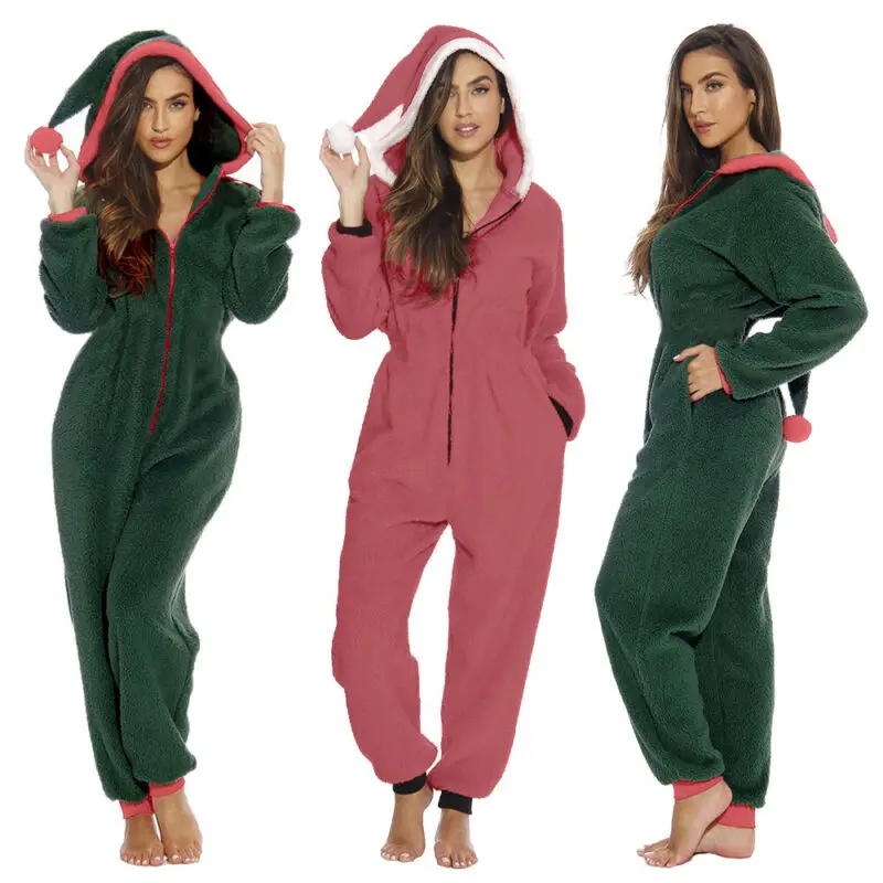 

Women Lady Christmas Pajamas Set Santa Sleepwear Xmas Hooded Zipper Jumpsuit Nightwear One Piece Pyjamas