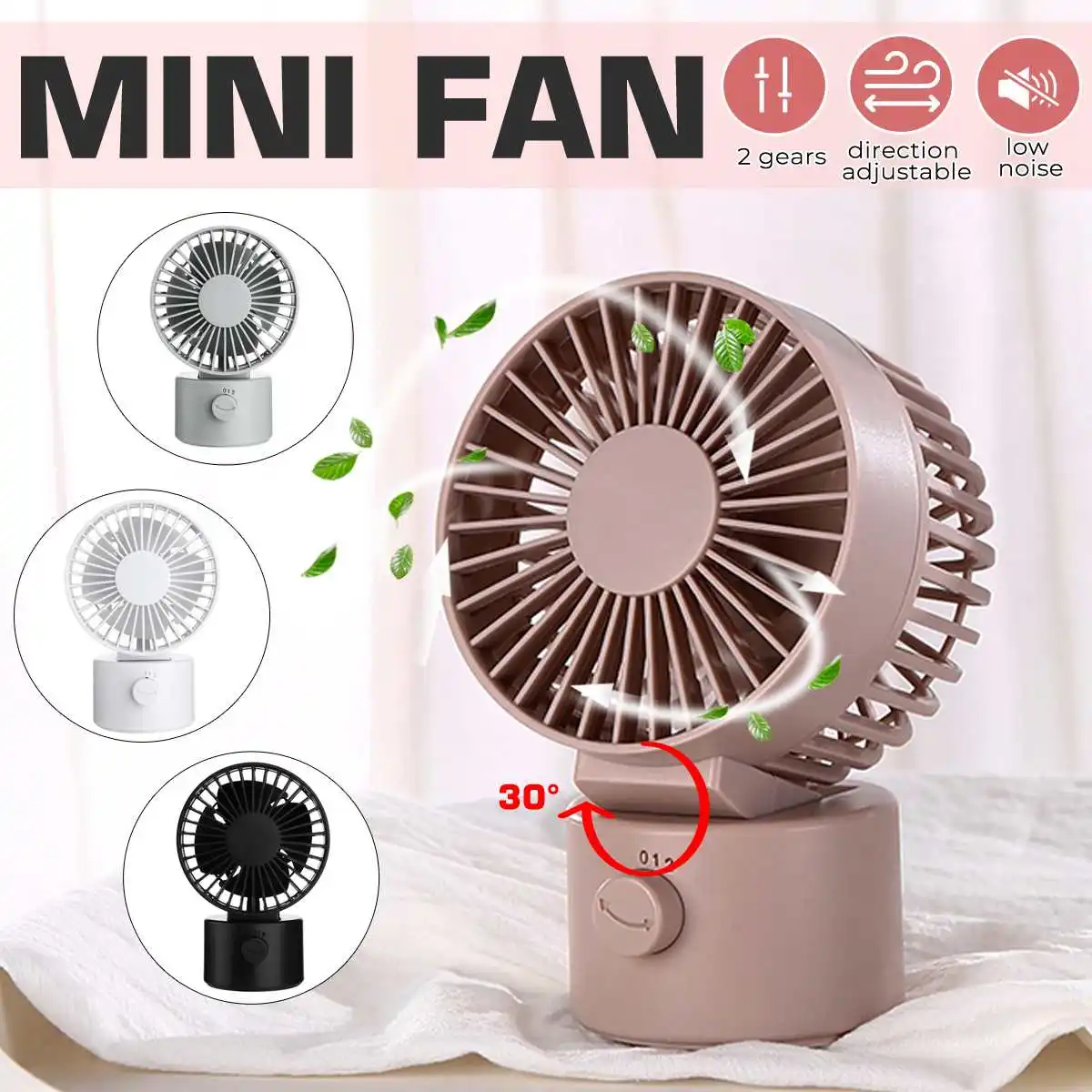 Fan Desktop USB Fan Natural Wind Automatic Shaking Head Rotating Personal Fan Charging Fan Mini Portable Cooling Fan Color : Pink