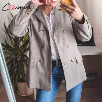 

Conmoto Fashion Double Breasted Women Blazer Jackets Winter 2019 Female Classic Plaid Jackets and Coats Ladies Check Jackets
