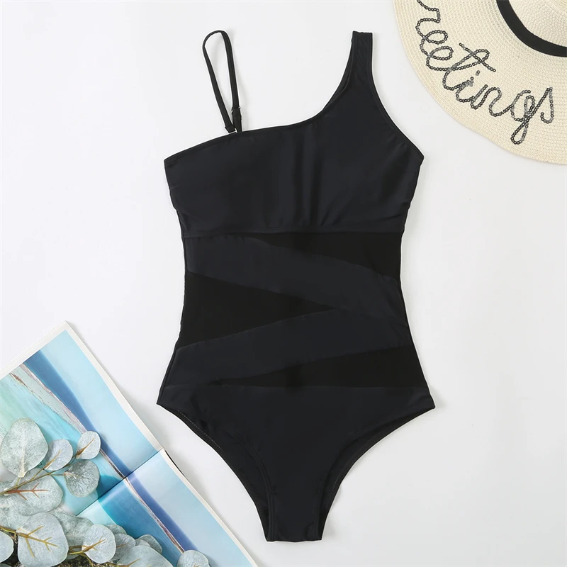 Black One-Piece Sexy Mesh Solid Colour Swimwear