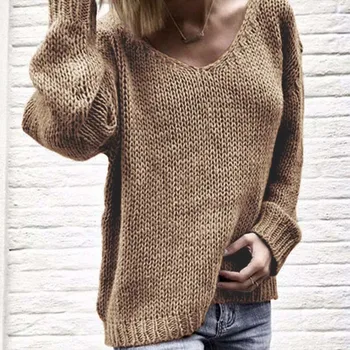 

2019 Autumn Loose Knitted Sweater Ladies V neck Sweater Women Long Sleeve Sweater Off Shoulder Sweater Female Pullover For Women