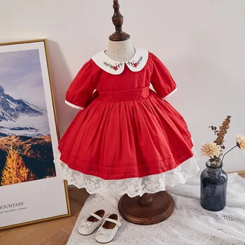 

Baby Girls Boutique Dresses Toddler Embroidery Peter Pan Collar Frocks Infant Red Spanish Dress Kids Birthday Baptism Party Robe