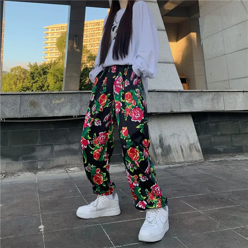 

Ethnic style Pants Women Fashion flower Loose High Waist Color contrast Female Trousers Sweatpant Pockets Summer Streetwear