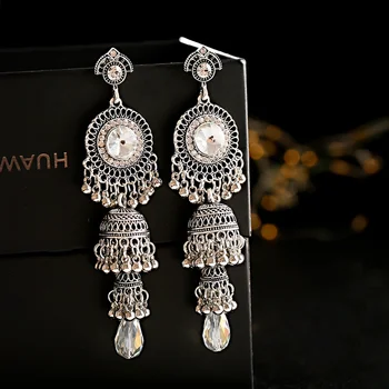

TopHanqi Antique Sliver Color Birdcage Bell Tassel Long Dangle Earrings For Women Boho Ethnic Round Rhinestone Indian Jewelry