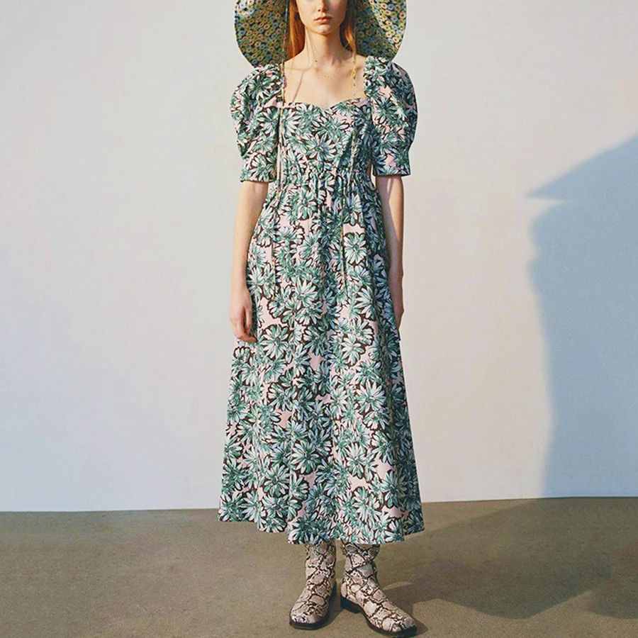 TEELYNN puff sleeve long summer dresses 2020 vintage green floral print Drawstring waist elegant party women vestidos | Женская одежда