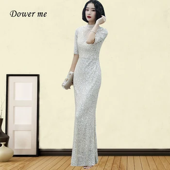 

Champagne Silver Robe De Soiree GK012 Shiny Sequin Evening Dress High Collar Long Sleeve Women Party Gown Beading Formal Dresses