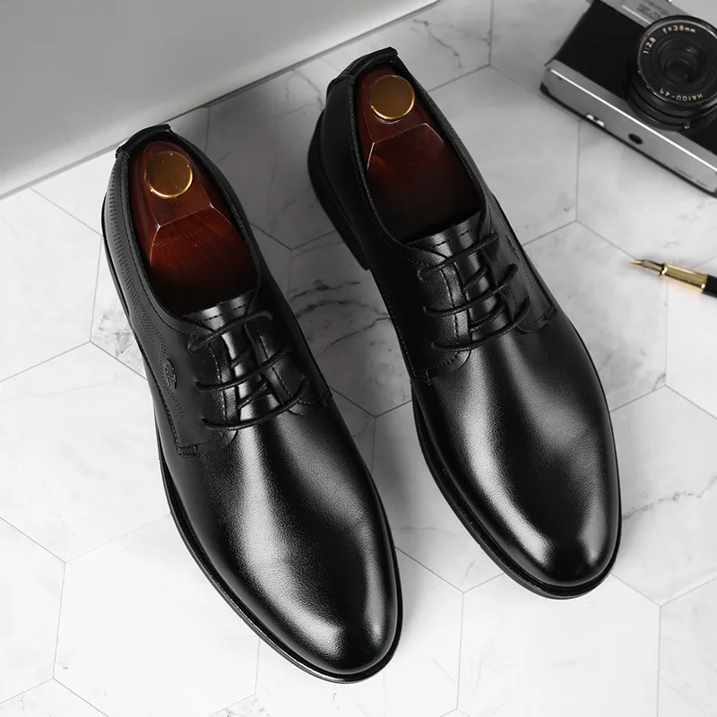 

black lace up oxfords Brogue Derby large size business casual men's man men boy male banquet dress wedding real leather shoes
