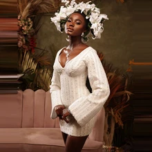 

Elegant White Beaded Short Party Dresses Long Sleeves Big V Neck Mini Length Straight Style Aso Ebi Evening Prom Gowns 2021