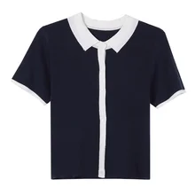  Women Summer Casual Color Mixed Single Breasted Short Sleeve T-shirt Knitwear Tops Ladies Loose Fit Knitted Tees Tops One Size 