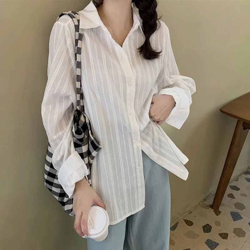

Женские Элегантные белые рубашки, Новое поступление 2021, Осенние универсальные свободные женские повседневные топы в Корейском стиле с длинным рукавом, рубашка W753