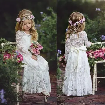 

Long Sleeve Boho Flower Girls Dresses For Wedding Floor Length Lace Little Kids First Communion Dress Vintage Cheap Pageant Gown