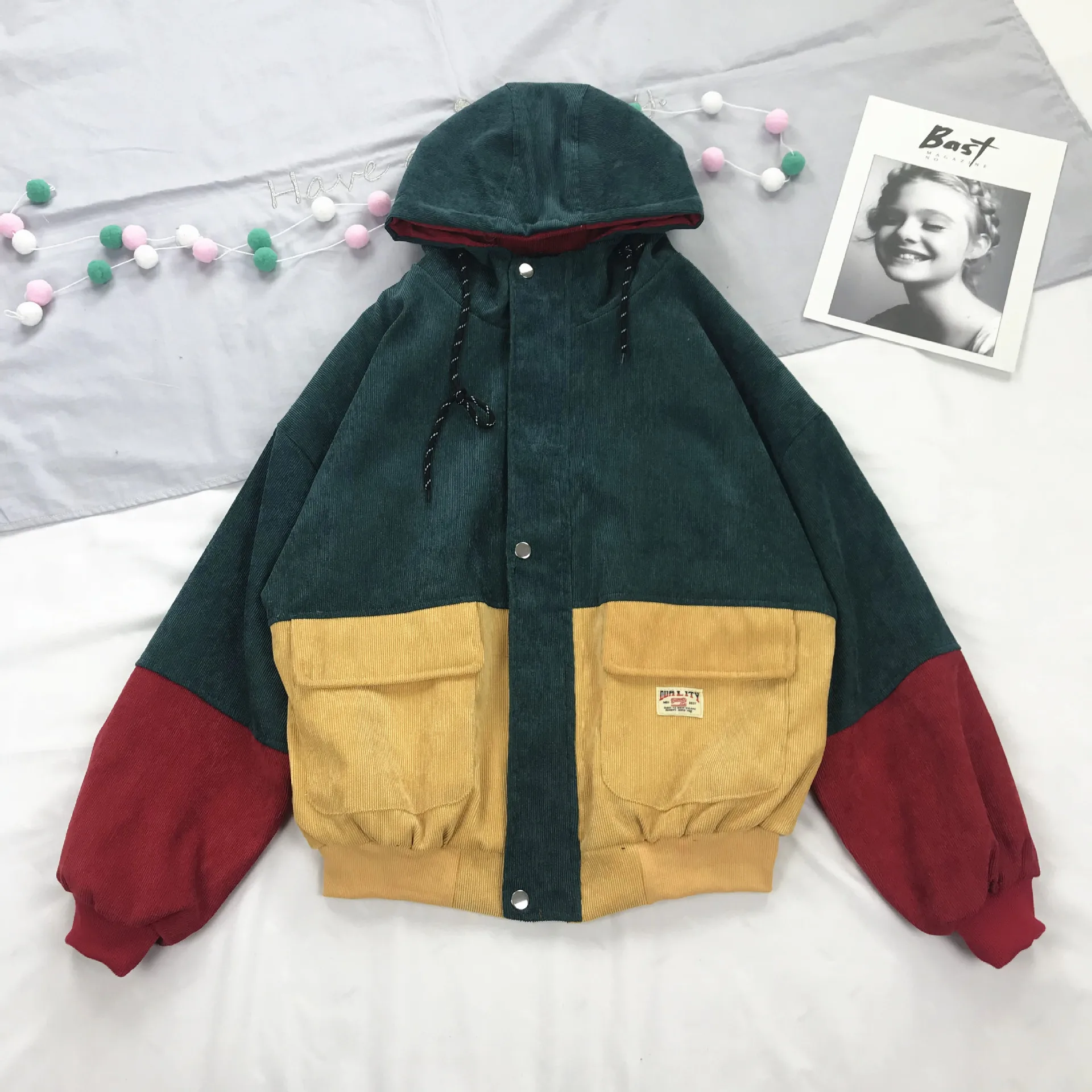 

Japanese-style Harajuku-Style Contrast Color Joint Hooded Large Pocket Corduroy Coat Jacket Students Women's