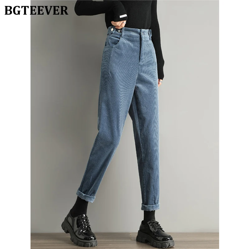 

BGTEEVER Thick Warm Loose Women Corduroy Trousers High Waist Button Ladies Harem Pants 2021 Autumn Winter Casual Pantalon