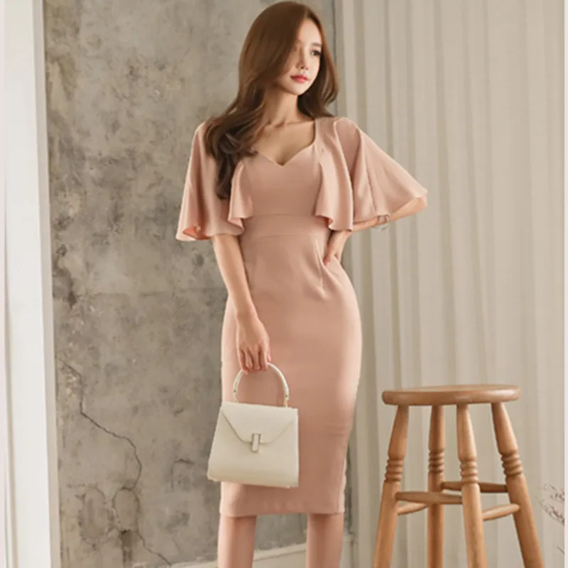 

2021 Office Pink V-Neck Batwing Sleeve Dresses Summer High-end Women Dress Bandage Bodycon Ruffle Pencil Dress Sexy Vestidos