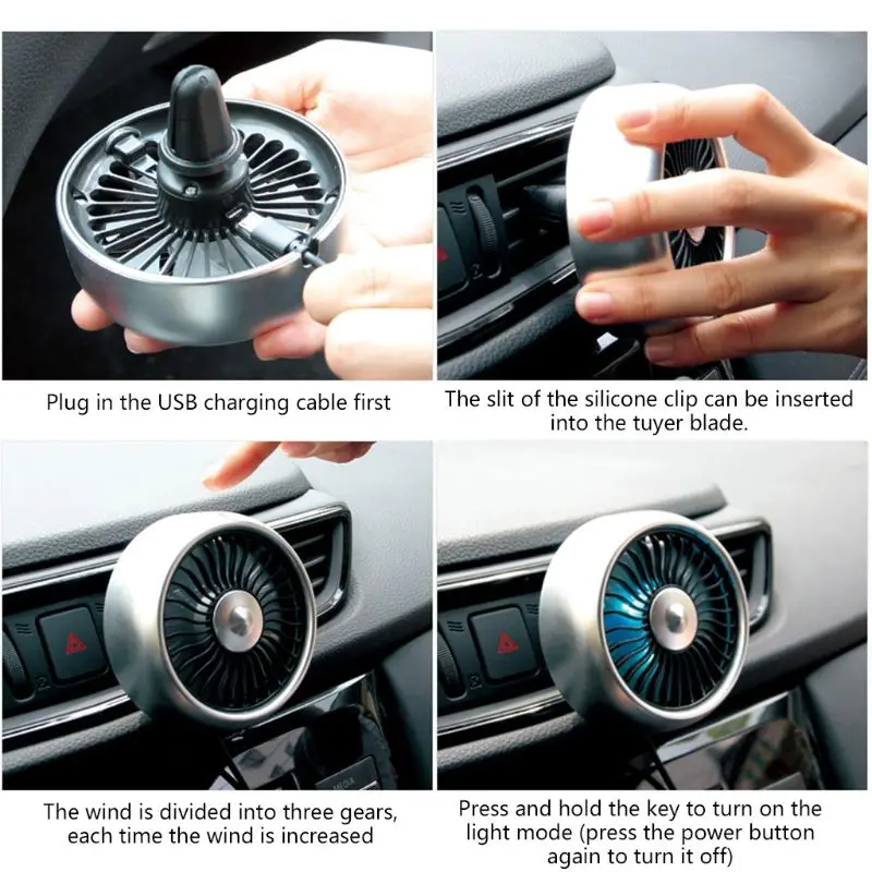 Electric Car Fan 3 Speed Adjustment USB Dual Head Car Auto Cooling Air Circulator Fan Air Conditioner with Colorful Light for Va
