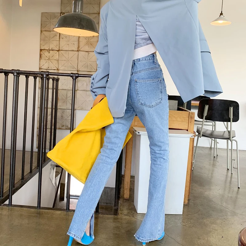 Новая осенняя одежда стирка тонкие прямые джинсы с разрезом сбоку|Джинсы клеш| |