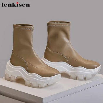 

Lenkisen Internet star thick bottom stretch boots cow leather round toe high heels winter women simple casual ankle boots L2f7