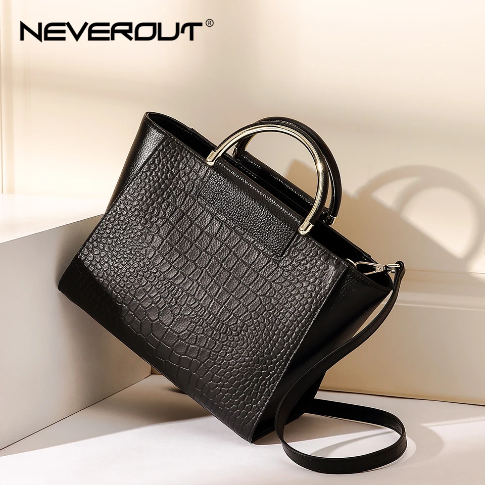 

NEVEROUT Genuine Leather Handbag High Quality Brand Name Bag Women Bags Ladies Solid Handbags Tote Fashion 2 Color Shoulder Sac
