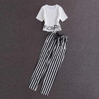 

Women Women Short Sleeves Letter Print Short Top And Stripe Drawstring Pants Summer Women Clothing OL