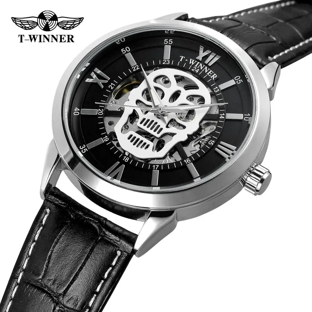 

Winner Clock Steampunk Design Skull Skeleton Display Black Genuine Leather Luminous Hands Men's Automatic Watch Top Brand Luxury