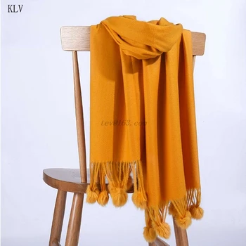 

195x80cm Womens Winter Autumn Long Large Scarf Solid Color Soft Warm Shawl Blanket Wraps with Fluffy Pompom Ball Tassels M68A