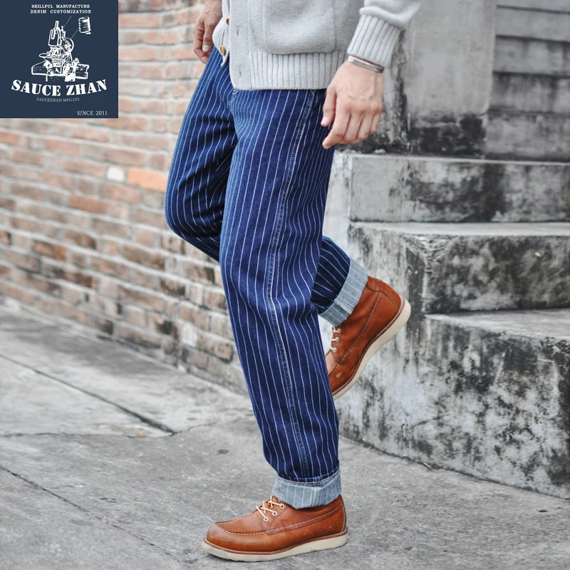 Saucezhan-pantalones vaqueros a rayas Vintage para hombre, Peto de tela vaquera, pantalones de de ferrocarril americano, pantalones vaqueros ajustados - AliExpress Ropa de hombre