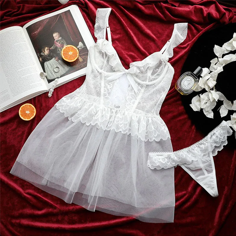 Сексуальное женское летнее Ночное платье, ночное белье, кружевная ночная рубашка с v-образным вырезом, домашнее платье, ночная рубашка, женское нижнее белье - Цвет: Белый