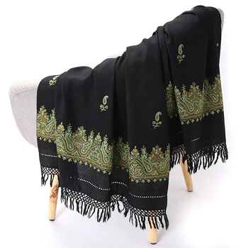 

Black Imitation Cashmere Lady Wrap Pashmina Large Size Softy Green Stripe Shawls Hijabs Reversible Tassel Mujer Bufanda Cape
