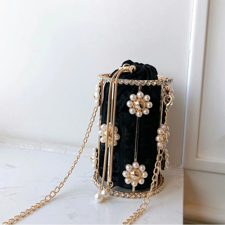 Flower black Роскошные модные женские вечерние сумочки-клатчи с бриллиантами и цилиндрическим металлическим украшением жемчужные сумочки на цепочке и сумочки мини-сумки через плечо - Цвет: Flower black