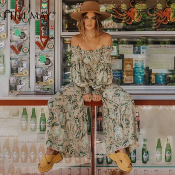 

JLI MAY Women Print Set Slash Neck Backless Patchwork Ruffles Lantern Sleeve Short Top and Elastic Waist Pants Two Piece Sets