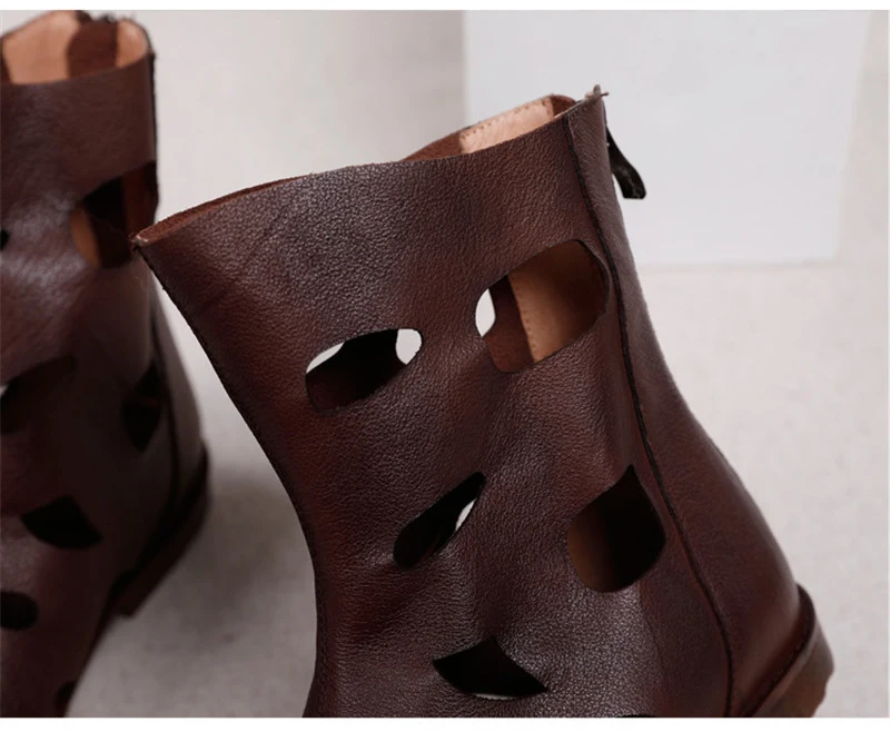Original 2020 Summer New Women's Sandals Genuine Leather Fashion Retro Flats Bottom Hollow Hole Ladies Gladiator Sandals Shoes (7)