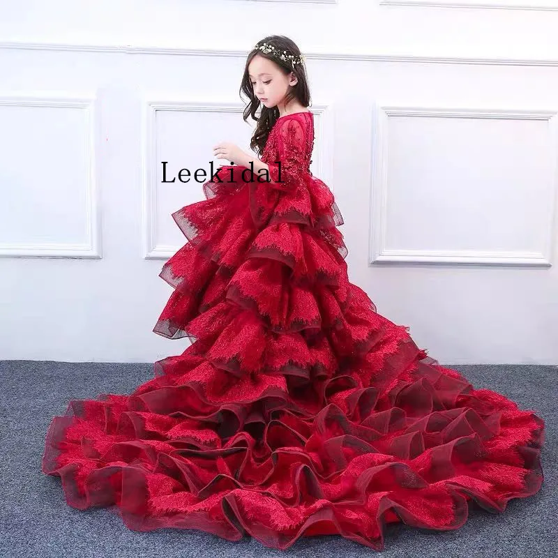

Red Tiered Red Children Girls Celebrity Dresses Long Sleeve Lace Long Train Girls Birthday Celebrity Pageant Red Dresses Custom