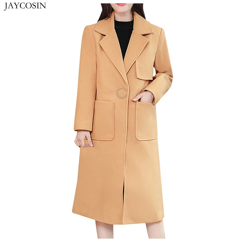 JAYCOSIN/Модная зимняя женская теплая однотонная куртка с длинным рукавом, шерстяная ветровка с лацканами, пальто, куртка, модная Длинная шерстяная куртка