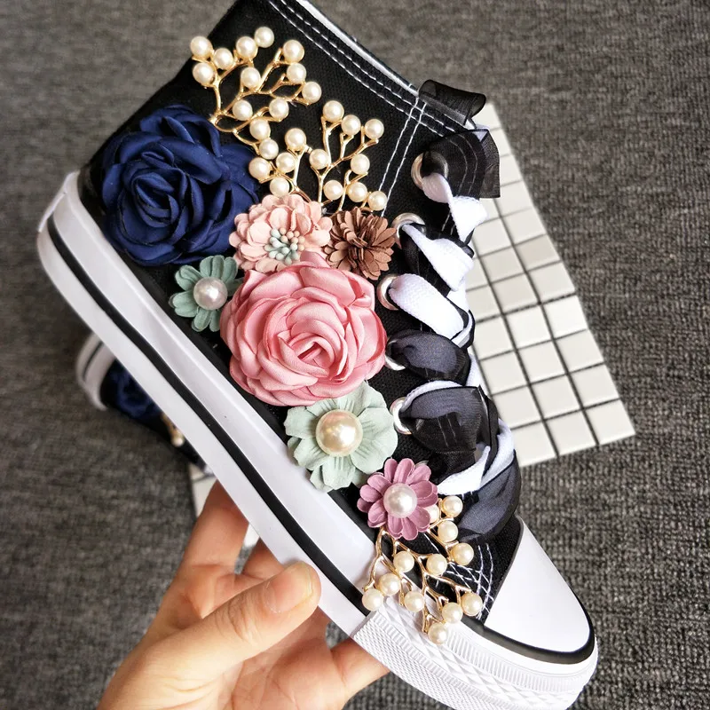 

2019 Fashion Women Sneakers Casual Shoes Female Summer Canvas Shoes Lace-up Women Flat Hand Made Flower Ladies Shoes Sneakers
