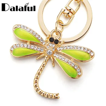 

Dalaful Dragonfly Keyrings KeyChains For Car Crystal Bag Pendant For Women Green Enamel Insect Key Chains Rings Holder K268