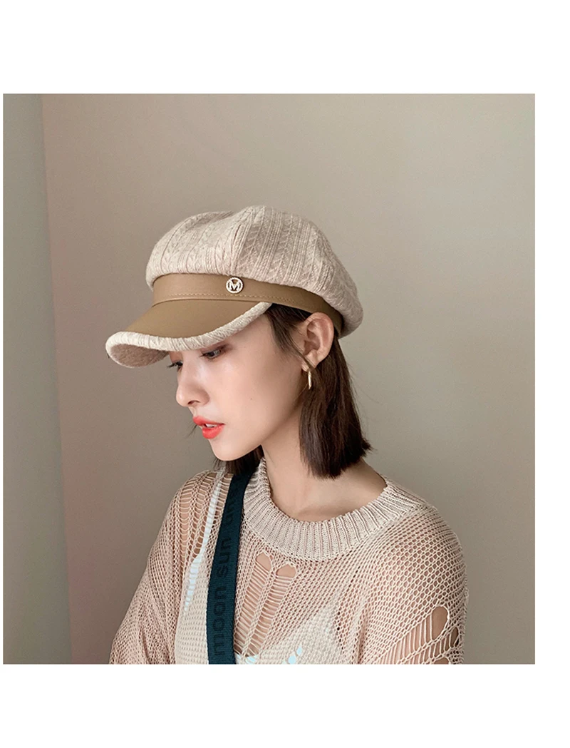 W63 Female Leather Beret Autumn And Winter Tide British Retro Letter Striped Octagonal Newsboy Painter Hat_voghion.com