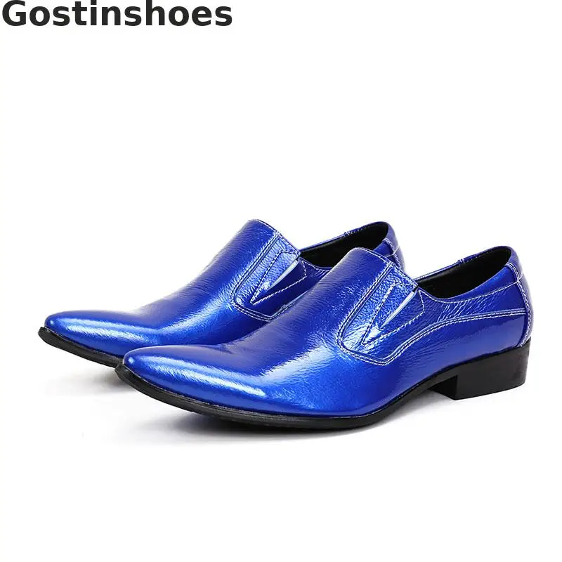 

Genuine Leather Men Shoes Blue White Color Slip-on Men Casual Shoes Pointed Toe Men Loafers Low Heel Rubber Sole
