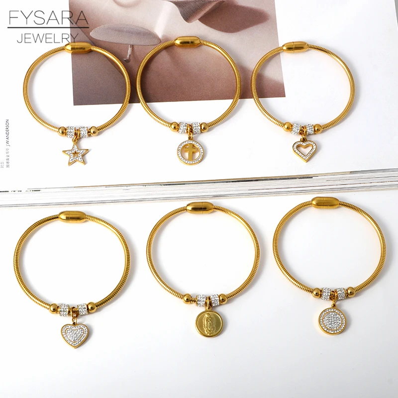FYSARA винтажные шармы браслеты с сердечками для женщин хрустальные Pulseras змея из нержавеющей стали цепная проволока браслеты и браслеты DIY на заказ
