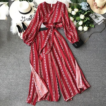 

2019 New spring summer Women two Pieces set Bohemian Printed short Tops + Loose wide leg split Pants trousers cc1409
