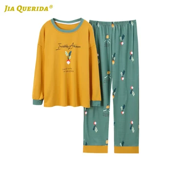 

Pj Set Spring Autumn Woman Clothes New Soft Long Sleeve Long Pants Sleepwear Fashion Style Casual Style Pajamas Set Crew Neck