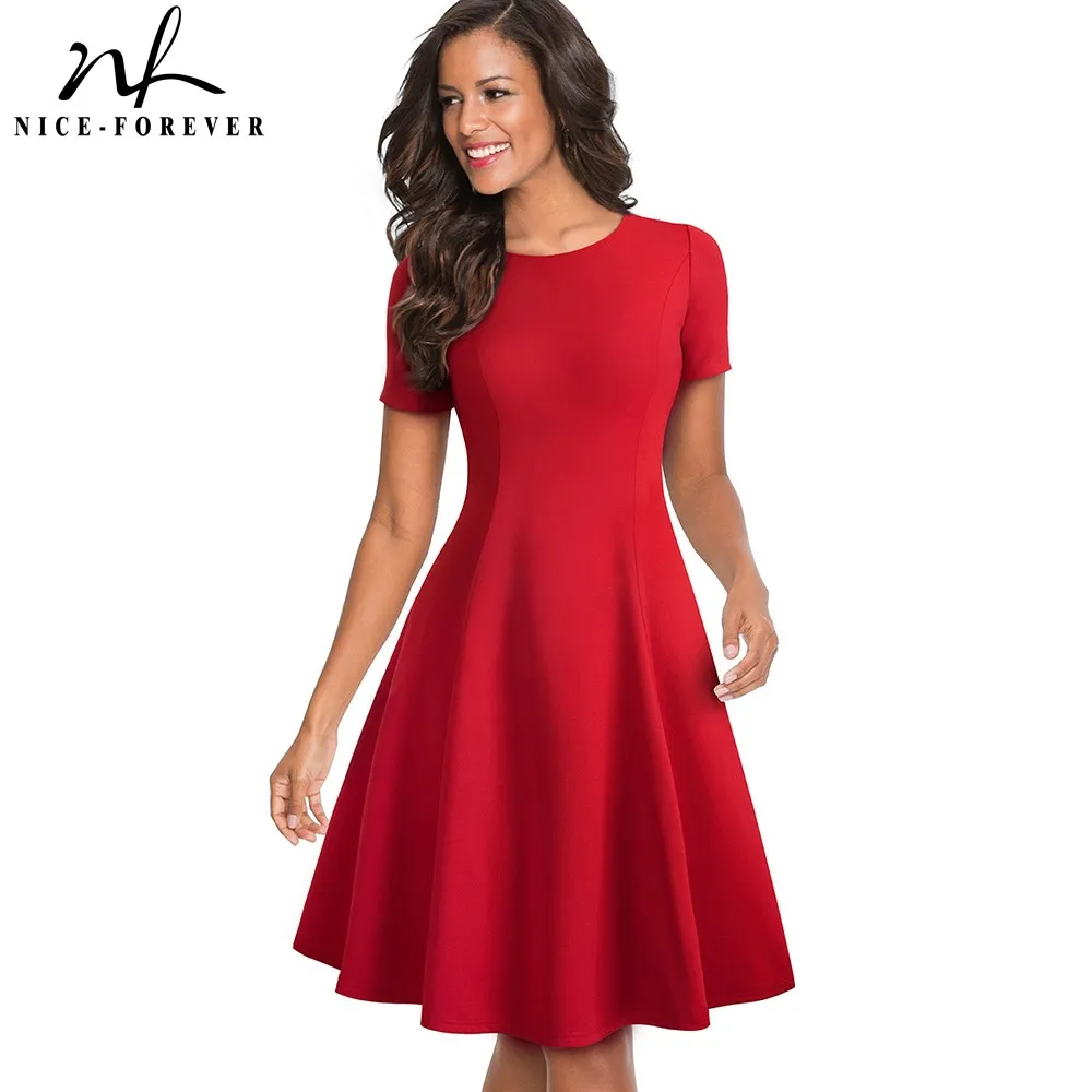 Online Nizza per sempre Vintage Elegante collo Rotondo di Colore Puro Breve abiti A Line Pinup Vestito di Affari Del Partito Delle Donne Flare Nero A110