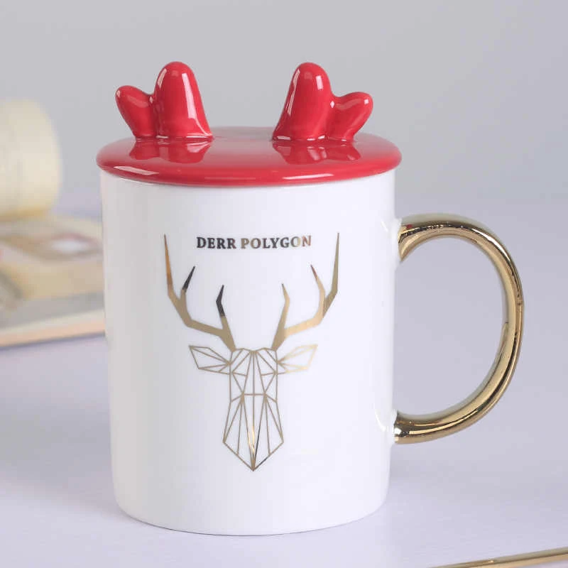 Рождественские рога, керамическая кофейная кружка с 3D крышкой, чашка для сока, чашка для кофе, молока, подарок, инновационная мультяшная чашка с рисунком