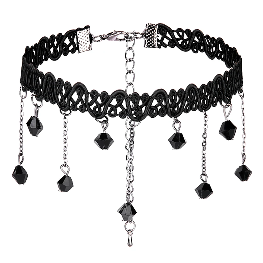 Wedding Party Beads Rhinestone Tassels Chain Pendant Gothic Necklace for Women Vintage Punk Black Lace Choker 