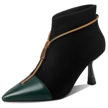 

autuspin Winter Ankle Pumps 2020 Autumn Newest Zipper Stretch Fabric Boots Mixed Colors Thin Heels Lady Party Wedding Prom Shoes