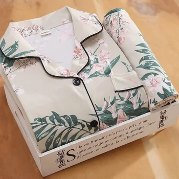 

2 Pcs Pajama Set Women Cotton Homewear Print Long Sleeve Trousers Lapel Collar Sleepwear Autumn and Winter Loungewear Pyjamas