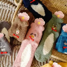 MIARHB, женские носки, хлопковые, зимние, Харадзюку, для женщин, забавный, милый кот, коралловый, уплотненные, пушистые, средние, короткие носки, носки-тапочки, Skarpetki