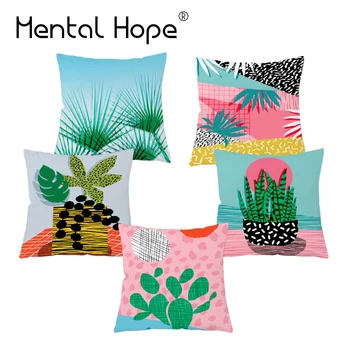 

Plant Pattern Cushion Cover Sofa Throw Pillow Cover Home Decorative Plush Pillow Cactus Printed Square Pillowcase for Car Bed