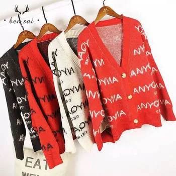 

New Sweater Women Cardigan Knitted Coat Casual Long Sleeve Letter Cardigan Sweater Spring Autumn Knitted Sweater Coat
