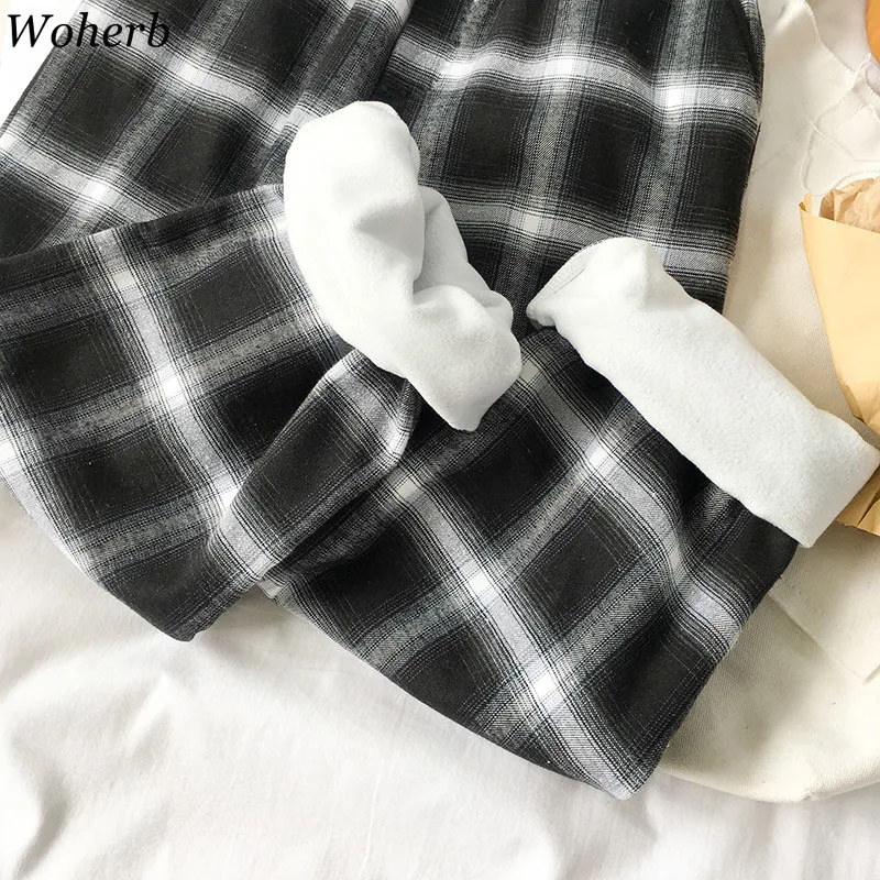 Woherb/Винтажные Модные клетчатые брюки длиной до щиколотки; женские повседневные свободные широкие брюки; толстые теплые корейские модные уличные брюки; 91386